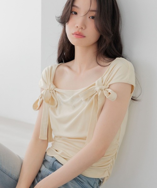 Heather(ヘザー)の「リボンラインストーンTEE 1042465(Tシャツ/カットソー・レディース・ブラック系その他/ホワイト系その他/イエロー・FREE)」の3枚目の写真
