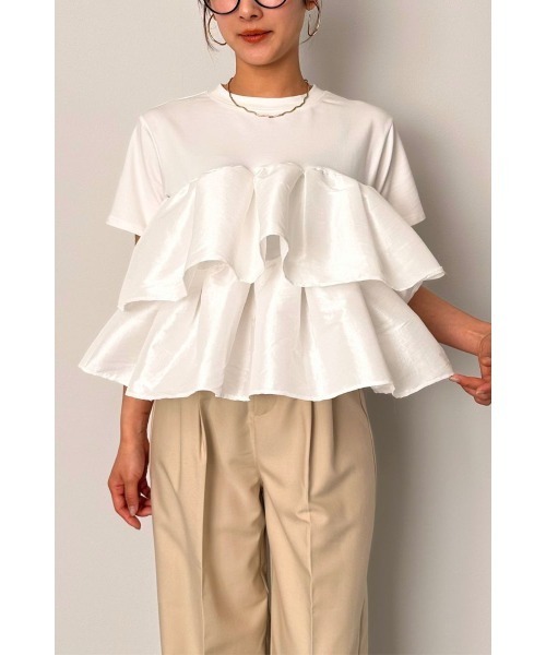 M.deux(エムドゥ)の「フリルドッキングTシャツ(Tシャツ/カットソー・レディース・オフホワイト/ブラック・MEDIUM)」の5枚目の写真