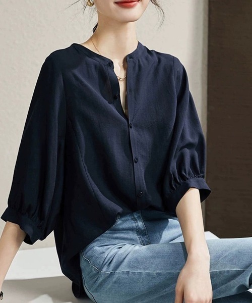 ONEP STAR（ワンピスター）の「バンドカラーブラウス（その他トップス・レディース・ネイビー/ベージュ・MEDIUM/XX-LARGE/X-LARGE/LARGE）」の3枚目の写真