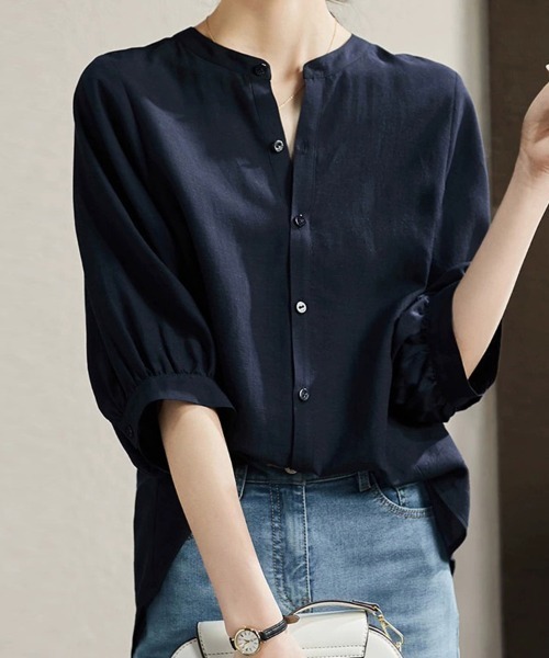 ONEP STAR（ワンピスター）の「バンドカラーブラウス（その他トップス・レディース・ネイビー/ベージュ・MEDIUM/XX-LARGE/X-LARGE/LARGE）」の4枚目の写真