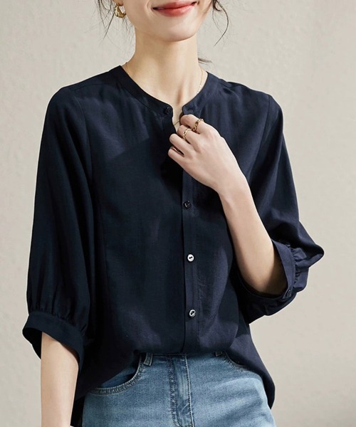 ONEP STAR（ワンピスター）の「バンドカラーブラウス（その他トップス・レディース・ネイビー/ベージュ・MEDIUM/XX-LARGE/X-LARGE/LARGE）」の5枚目の写真