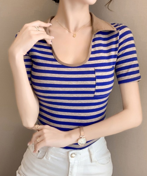 2ly2(トゥーリートゥー)の「ボーダー柄 襟付き リブカットソー 半袖 コンパクトTシャツ 配色デザイン ポケット付き(Tシャツ/カットソー・レディース・ブルー/グリーン/ブラック・FREE)」の3枚目の写真