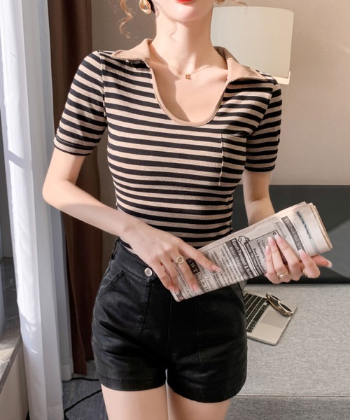 2ly2(トゥーリートゥー)の「ボーダー柄 襟付き リブカットソー 半袖 コンパクトTシャツ 配色デザイン ポケット付き(Tシャツ/カットソー・レディース・ブルー/グリーン/ブラック・FREE)」の8枚目の写真