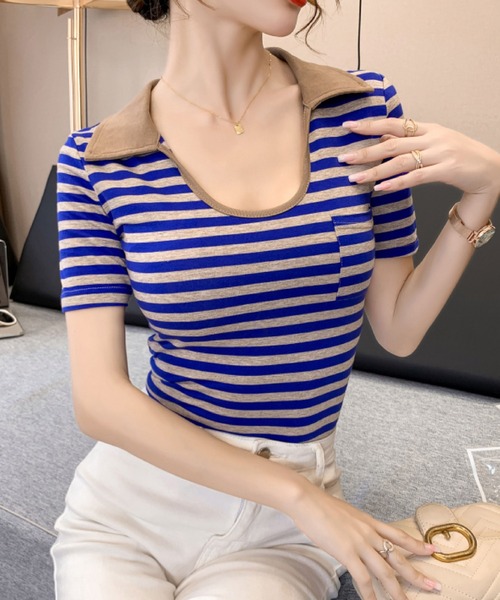 2ly2(トゥーリートゥー)の「ボーダー柄 襟付き リブカットソー 半袖 コンパクトTシャツ 配色デザイン ポケット付き(Tシャツ/カットソー・レディース・ブルー/グリーン/ブラック・FREE)」の18枚目の写真