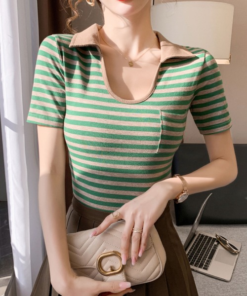 2ly2(トゥーリートゥー)の「ボーダー柄 襟付き リブカットソー 半袖 コンパクトTシャツ 配色デザイン ポケット付き(Tシャツ/カットソー・レディース・ブルー/グリーン/ブラック・FREE)」の11枚目の写真