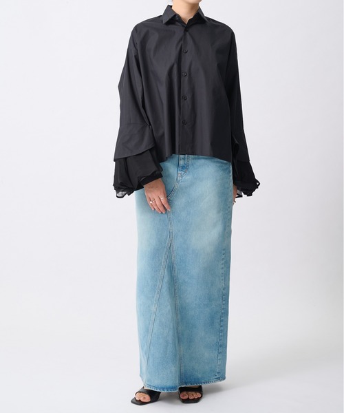 GURTWEIN（ ガーウィン）の「【GURTWEIN/ガーウィン】Cotton poplin ruffle cuffed boxy blouse（シャツ/ブラウス・レディース・ブラック/ホワイト・S）」の3枚目の写真