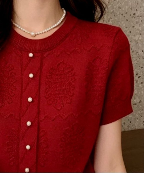 &soiree(アンドソワレ)の「ジャガードパール付クルーネックカーディガン風トップス(Tシャツ/カットソー・レディース・アイボリー/ピンク/レッド/ブラック/ホワイト・FREE)」の9枚目の写真