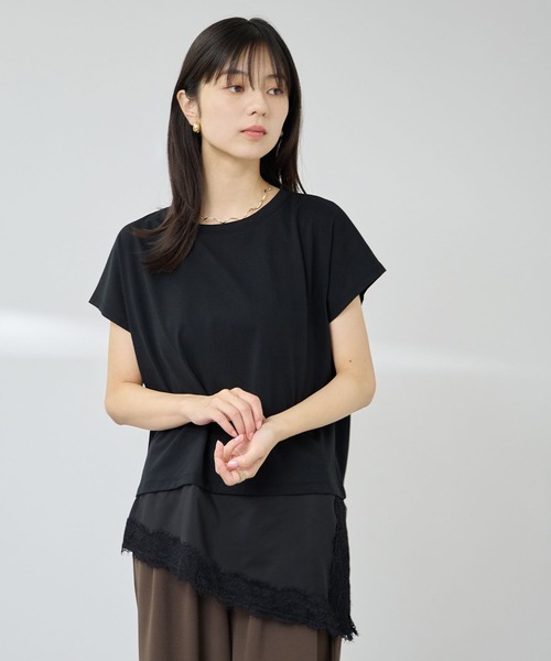 NAVY(ネイビー)の「【SARARI/サラリ】接触冷感 UVカット 裾アシンメトリー レース Tシャツ(Tシャツ/カットソー・レディース・ブラウン/オフホワイト/ブラック・M/L)」の2枚目の写真