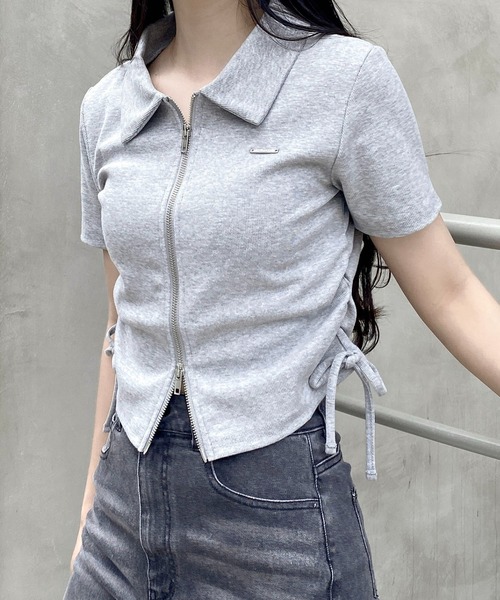 INGNI（イング）の「襟付きダブルジップラメリブトップス（Tシャツ/カットソー・レディース・ブラック/グレー/オフホワイト・M）」の3枚目の写真