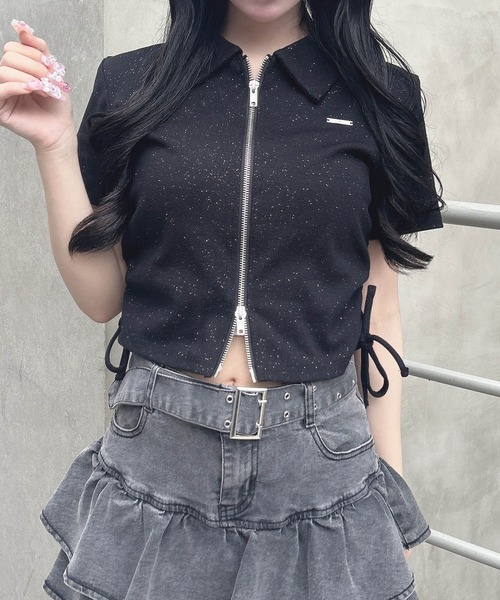 INGNI（イング）の「襟付きダブルジップラメリブトップス（Tシャツ/カットソー・レディース・ブラック/グレー/オフホワイト・M）」の4枚目の写真