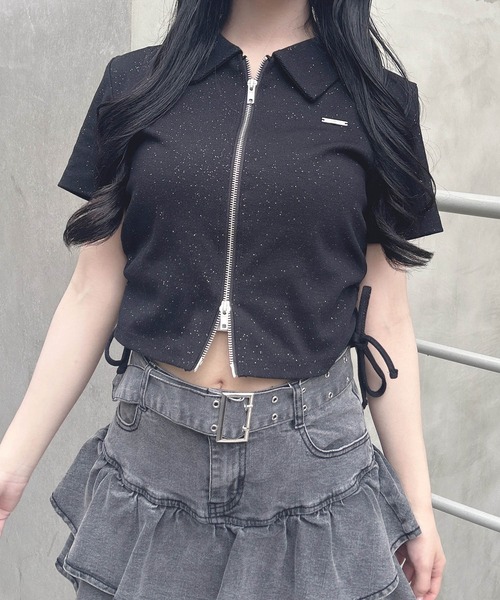 INGNI（イング）の「襟付きダブルジップラメリブトップス（Tシャツ/カットソー・レディース・ブラック/グレー/オフホワイト・M）」の5枚目の写真