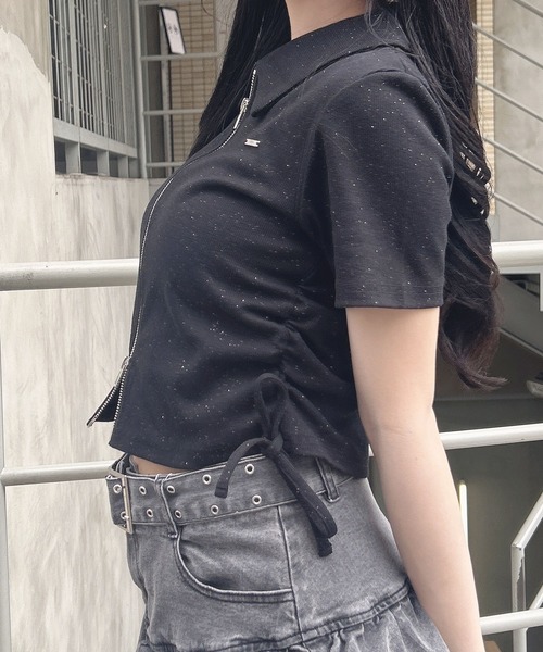 INGNI（イング）の「襟付きダブルジップラメリブトップス（Tシャツ/カットソー・レディース・ブラック/グレー/オフホワイト・M）」の6枚目の写真
