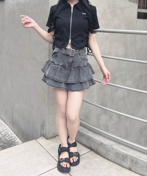 INGNI（イング）の「襟付きダブルジップラメリブトップス（Tシャツ/カットソー・レディース・ブラック/グレー/オフホワイト・M）」の8枚目の写真