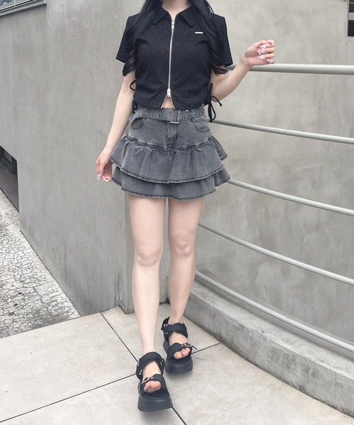 INGNI（イング）の「襟付きダブルジップラメリブトップス（Tシャツ/カットソー・レディース・ブラック/グレー/オフホワイト・M）」の9枚目の写真