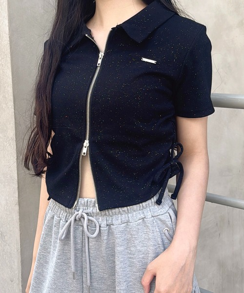 INGNI（イング）の「襟付きダブルジップラメリブトップス（Tシャツ/カットソー・レディース・ブラック/グレー/オフホワイト・M）」の22枚目の写真