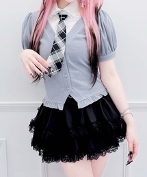 ネクタイ付きレイヤード風カーデトップス