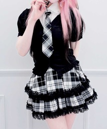 ネクタイ付きレイヤード風カーデトップス
