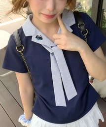 ボーダーリボン刺繍サイドシャーリング半袖ポロシャツ