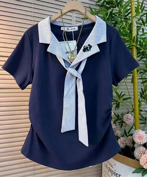 AsheKsha(アシクシャ)の「ボーダーリボン刺繍サイドシャーリング半袖ポロシャツ(ポロシャツ・レディース・ネイビー/ベージュ・M)」の11枚目の写真