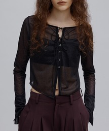 Ameri（アメリ）の「SHEER LEOPARD RIBBON TOP（その他トップス）」