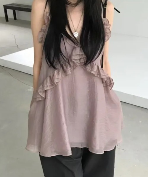 FLINEA(フリネア)の「フリルシフォンキャミワンピース(チュニック・レディース・チャコールグレー/ベージュ/ライトパープル・FREE)」の3枚目の写真
