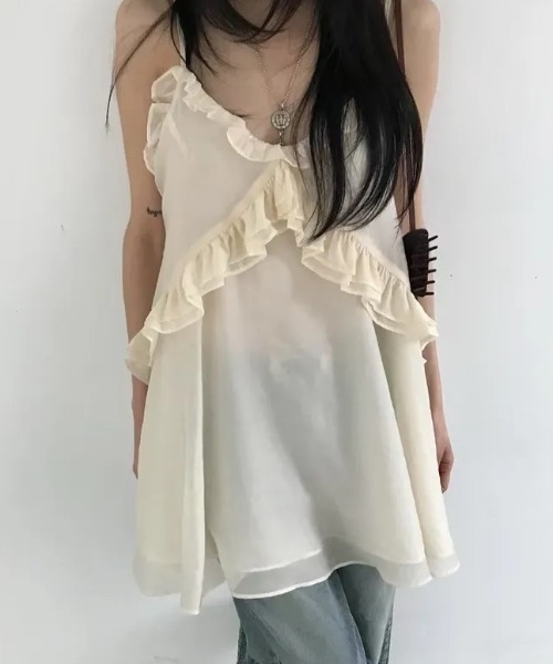 FLINEA(フリネア)の「フリルシフォンキャミワンピース(チュニック・レディース・チャコールグレー/ベージュ/ライトパープル・FREE)」の17枚目の写真