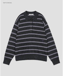 (T-7304)WOOL STRIPE COLLAR LOOSE FIT KNIT