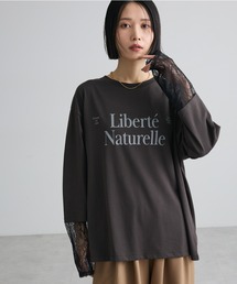 袖レースドッキング長袖ロゴTシャツ
