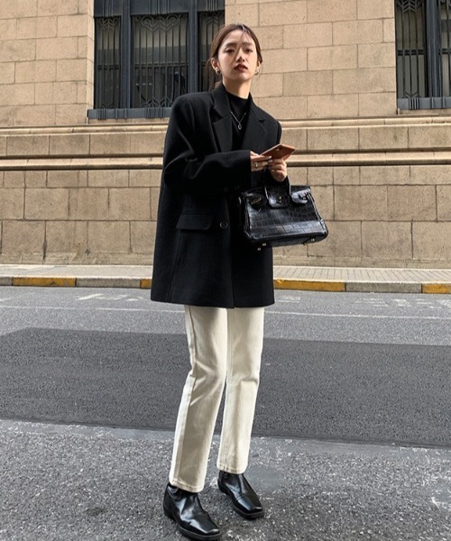 Teem Store（チームストア）の「オーバーサイズダブルテーラードミドルジャケット/韓国風ミドル丈チェスターコート（ダッフルコート・レディース・グレー/ブラック・M）」の7枚目の写真