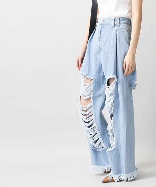 WEGO（ウィゴー）の「WEGO/タックヘビークラッシュワイドパンツ（デニムパンツ・レディース・インディゴブルー/ライトインディゴブルー/ライトピンク/ホワイト・FREE）」の3枚目の写真