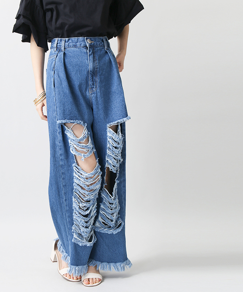 WEGO（ウィゴー）の「WEGO/タックヘビークラッシュワイドパンツ（デニムパンツ・レディース・インディゴブルー/ライトインディゴブルー/ライトピンク/ホワイト・FREE）」の6枚目の写真