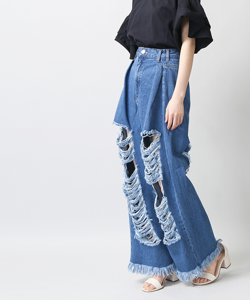 WEGO（ウィゴー）の「WEGO/タックヘビークラッシュワイドパンツ（デニムパンツ・レディース・インディゴブルー/ライトインディゴブルー/ライトピンク/ホワイト・FREE）」の7枚目の写真