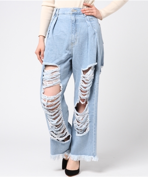 WEGO（ウィゴー）の「WEGO/タックヘビークラッシュワイドパンツ（デニムパンツ・レディース・インディゴブルー/ライトインディゴブルー/ライトピンク/ホワイト・FREE）」の13枚目の写真