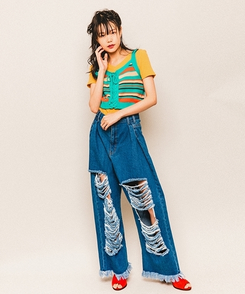 WEGO（ウィゴー）の「WEGO/タックヘビークラッシュワイドパンツ（デニムパンツ・レディース・インディゴブルー/ライトインディゴブルー/ライトピンク/ホワイト・FREE）」の20枚目の写真