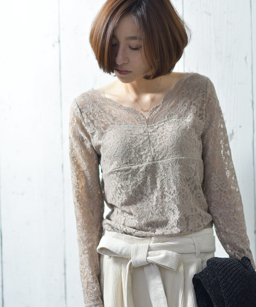 rps（アールピーエス）の「カップ付きストレッチレース長袖Tシャツ（Tシャツ/カットソー・レディース・ブラック/アイボリー/ラベンダー/グレイッシュベージュ・M）」の4枚目の写真