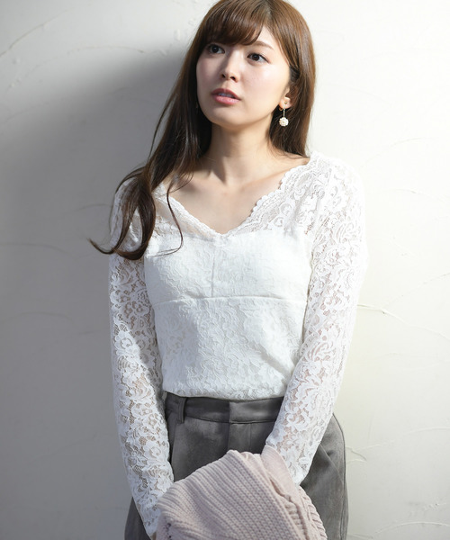 rps（アールピーエス）の「カップ付きストレッチレース長袖Tシャツ（Tシャツ/カットソー・レディース・ブラック/アイボリー/ラベンダー/グレイッシュベージュ・M）」の2枚目の写真