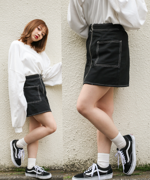 apres jour（アプレジュール）の「配色ステッチスカート【ZOZOTOWN限定アイテム】（スカート・レディース・ブラック/オフホワイト・フリー）」の2枚目の写真