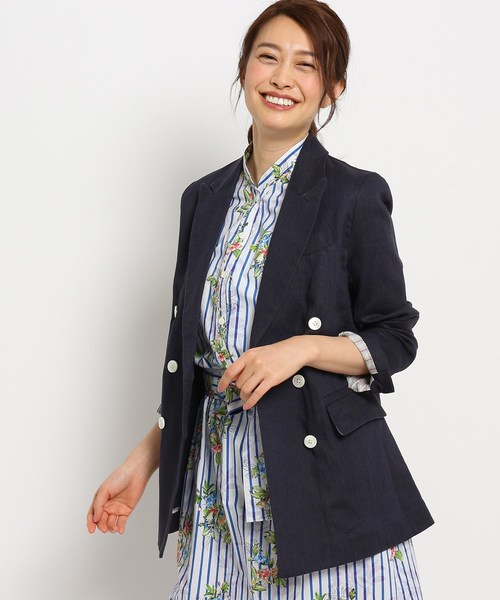 【洗える】麻ダブルテーラードジャケット 【洗える】麻ダブルテーラードジャケット