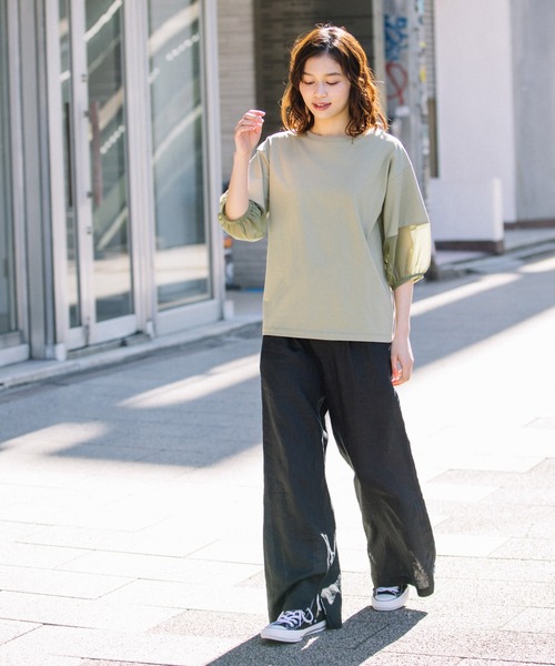 Munich（ミューニック）の「ジャージー×オーガンジーパフスリーブプルオーバー（Tシャツ/カットソー・レディース・ホワイト/ブラック/グリーン/グレイッシュベージュ・FREE）」の6枚目の写真