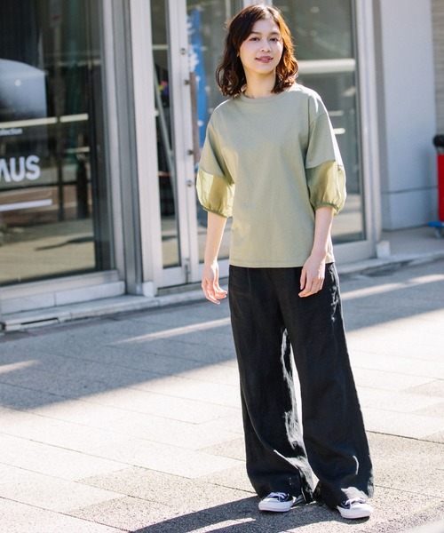 Munich（ミューニック）の「ジャージー×オーガンジーパフスリーブプルオーバー（Tシャツ/カットソー・レディース・ホワイト/ブラック/グリーン/グレイッシュベージュ・FREE）」の7枚目の写真