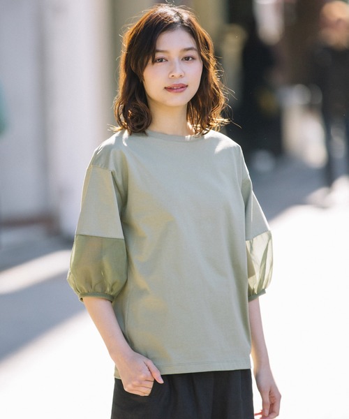 Munich（ミューニック）の「ジャージー×オーガンジーパフスリーブプルオーバー（Tシャツ/カットソー・レディース・ホワイト/ブラック/グリーン/グレイッシュベージュ・FREE）」の8枚目の写真