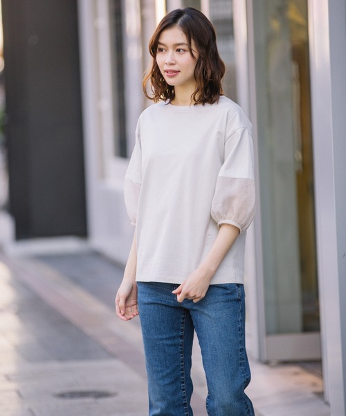 Munich（ミューニック）の「ジャージー×オーガンジーパフスリーブプルオーバー（Tシャツ/カットソー・レディース・ホワイト/ブラック/グリーン/グレイッシュベージュ・FREE）」の13枚目の写真