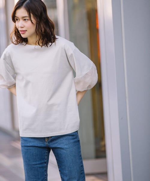 Munich（ミューニック）の「ジャージー×オーガンジーパフスリーブプルオーバー（Tシャツ/カットソー・レディース・ホワイト/ブラック/グリーン/グレイッシュベージュ・FREE）」の14枚目の写真