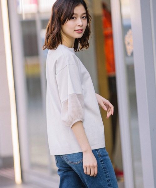 Munich（ミューニック）の「ジャージー×オーガンジーパフスリーブプルオーバー（Tシャツ/カットソー・レディース・ホワイト/ブラック/グリーン/グレイッシュベージュ・FREE）」の15枚目の写真