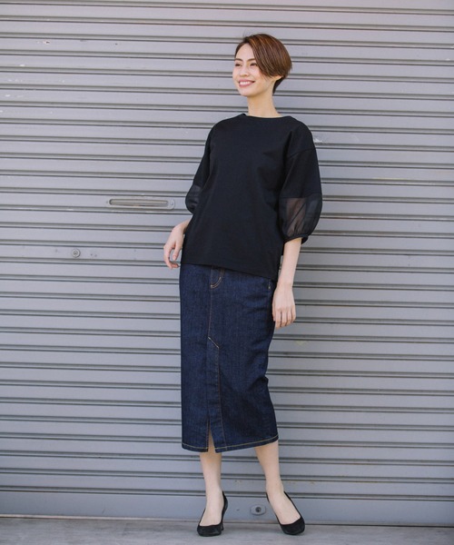 Munich（ミューニック）の「ジャージー×オーガンジーパフスリーブプルオーバー（Tシャツ/カットソー・レディース・ホワイト/ブラック/グリーン/グレイッシュベージュ・FREE）」の20枚目の写真