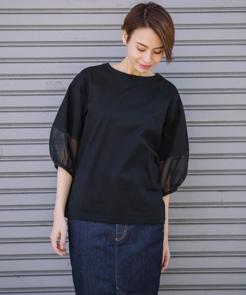 Munich（ミューニック）の「ジャージー×オーガンジーパフスリーブプルオーバー（Tシャツ/カットソー・レディース・ホワイト/ブラック/グリーン/グレイッシュベージュ・FREE）」の22枚目の写真