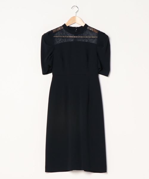 タックボリュームスリーブ デコルテレース タイトスカートワンピース