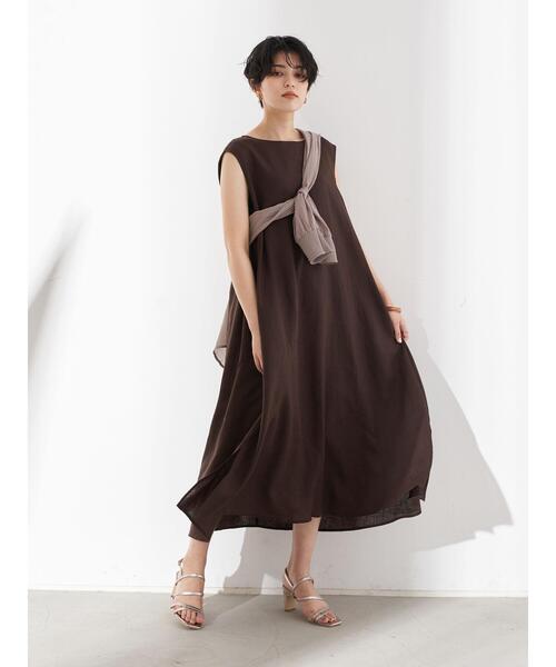 YECCA VECCA(イェッカヴェッカ)の「レーヨン麻Aラインワンピース *(ワンピース・レディース・ベージュ/ダークブラウン/ブルーグリーン・FREE)」の6枚目の写真