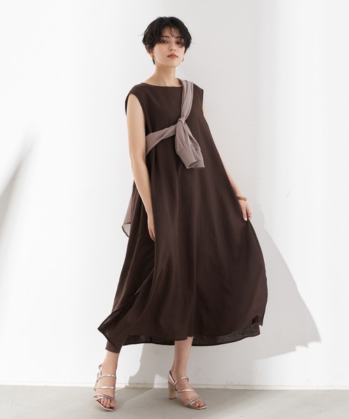 YECCA VECCA(イェッカヴェッカ)の「レーヨン麻Aラインワンピース *(ワンピース・レディース・ベージュ/ダークブラウン/ブルーグリーン・FREE)」の2枚目の写真