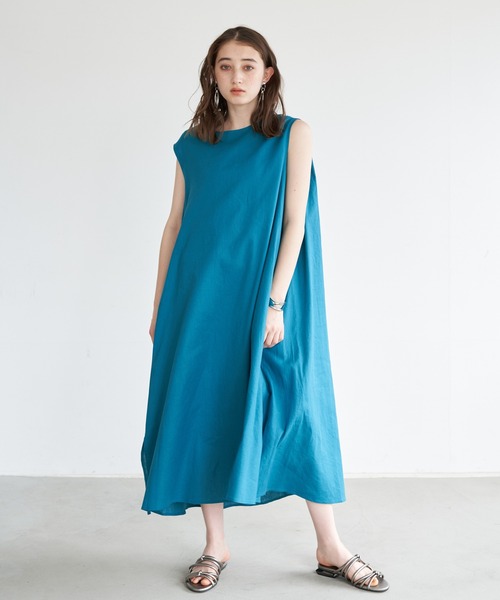 YECCA VECCA(イェッカヴェッカ)の「レーヨン麻Aラインワンピース *(ワンピース・レディース・ベージュ/ダークブラウン/ブルーグリーン・FREE)」の3枚目の写真